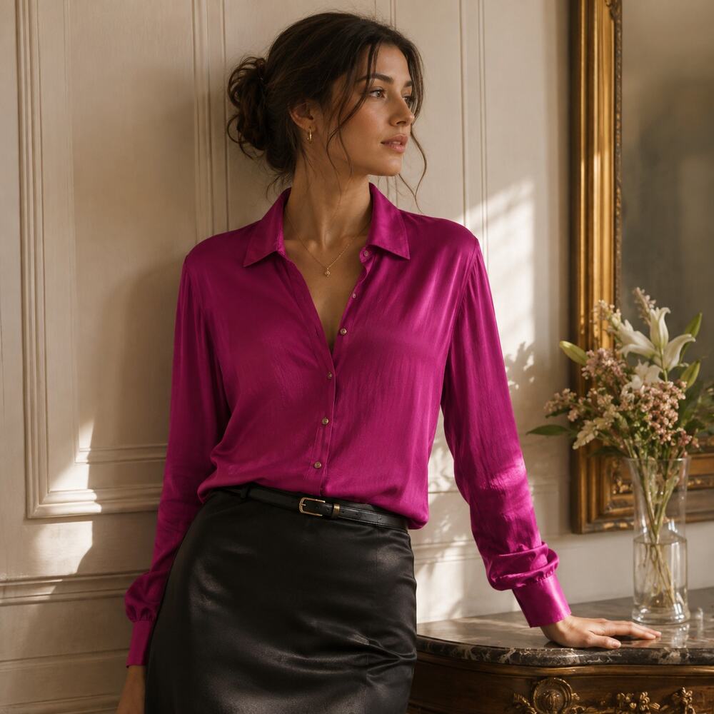Robert Friedman 100% Silk Magenta Pink Gold Button Up Blouse Collared Shirt Sz S